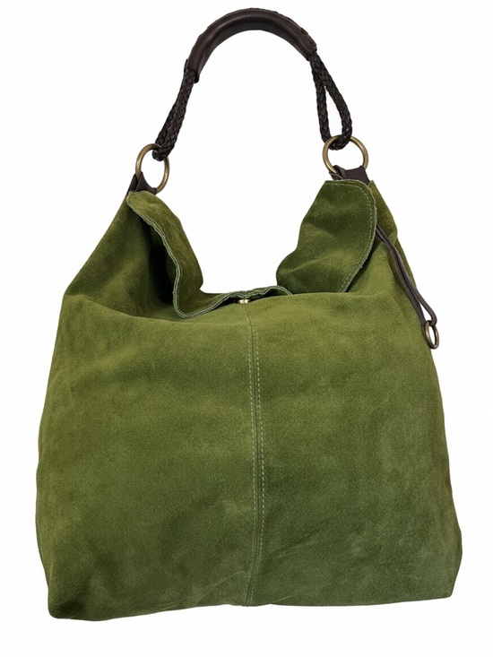 Henri Lou Handbags - Henri Lou Large Olive Green Suede Hobo Bag – Braided Leather Handle
